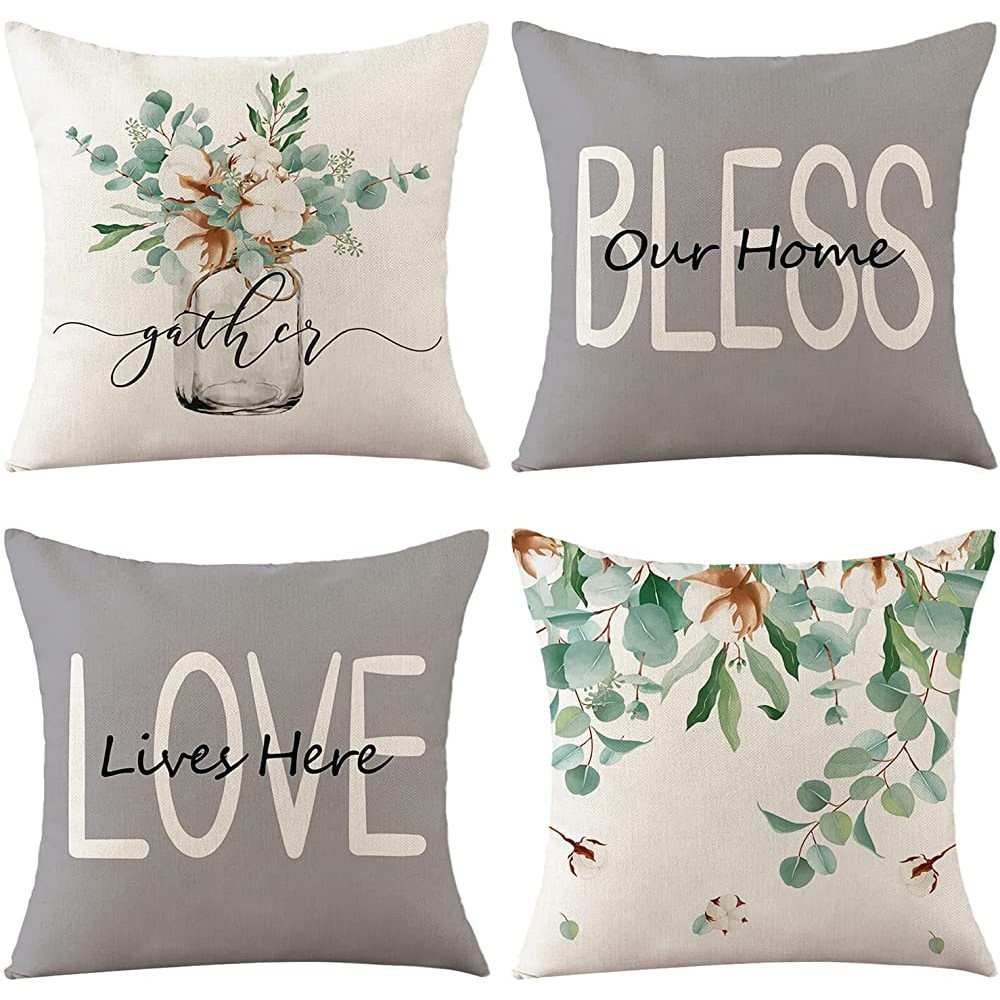 Norala Farmhouse Decorative Throw Pillow Covers Grey Love Lives Here Pillowcases 18x18 Inch Set of 4 Green Eucalyptus Gray Spring Summer Cushion Cover for Couch Sofa Bed Outdoor Home Decor - BE79PLZT7