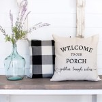 PANDICORN Set of 2 Farmhouse Pillow Covers 18x18 with Words Welcome to Our Porch Stay Awhile for Home Décor Rustic Black and Cream Throw Pillow Cases for Porch Guest Room - BI7NQ7HY1