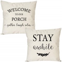 PANDICORN Set of 2 Farmhouse Pillow Covers 18x18 with Words Welcome to Our Porch Stay Awhile for Home Décor Rustic Black and Cream Throw Pillow Cases for Porch Guest Room - BI7NQ7HY1