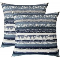 ROMANDECO Set of 2 Stripe Pillow Case Jacquard Square Decorative Throw Cushion Cover Pillowcase with Invisible Zipper for Bed 18" x 18" Navy Blue - B6G4KQM1J