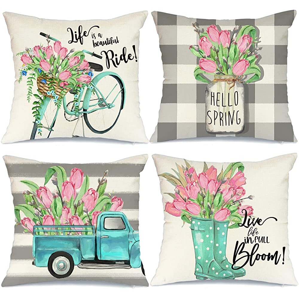 Spring Pillow Covers 18x18 Set of 4 Farmhouse Spring Decor Stripes Buffalo Plaid Truck Bule Bicycle Tulips Floral Pillows Decorative Throw Pillows Spring Decorations A544-18 - BYL4JDZDI