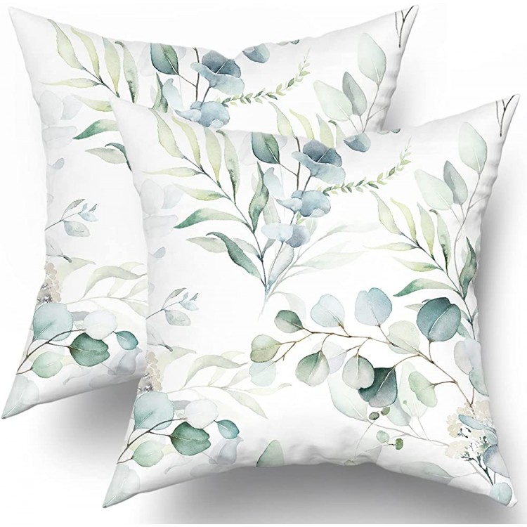 Spring Sage Green Leaf Pillow Covers 18x18 Set of 2 Eucalyptus Floral Watercolor Pillow Cushion Cases Gray Seafoam Leaves Print Modern Throw Pillows Cover Decor Gifts for Bed Couch Sofa Living Room - BQGV8I1P8