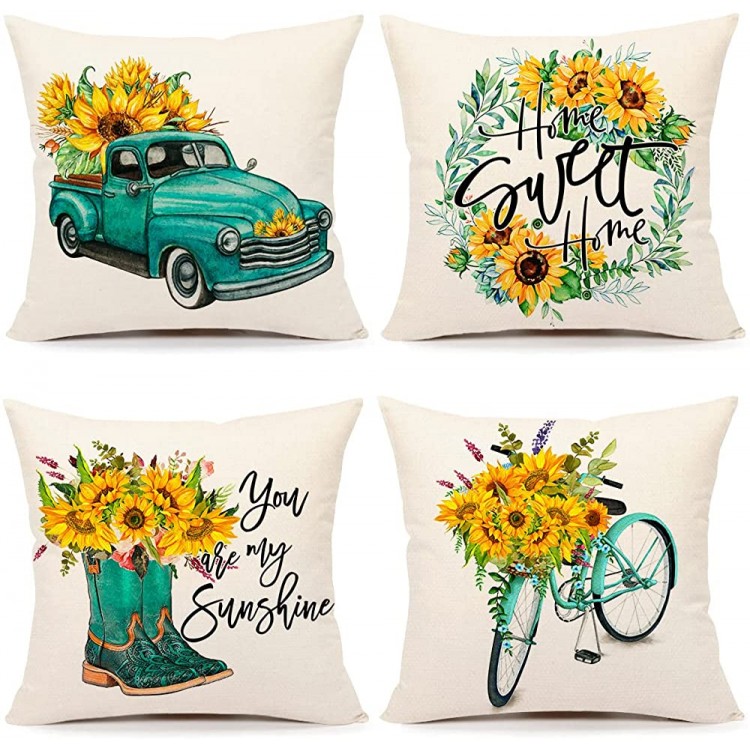 Summer Sunflower Pillow Covers 18x18 Set of 4 Farmhouse Spring Decor Bloom Summer Floral Home Sweet Home You are My Sunshine Holiday Decorations Throw Cushion Case for Home Decorations TH108 - BYGYSRYZS