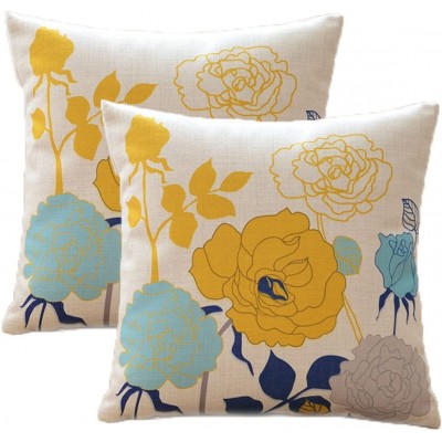 sykting Blue and Yellow Pillow Covers Farmhouse Cotton Linen Outdoor Throw Pillow Covers 18x18 inch Decorative for Couch Sofa Patio Porch Flowers Pattern Pack of 2 - BZQG7ZXZF