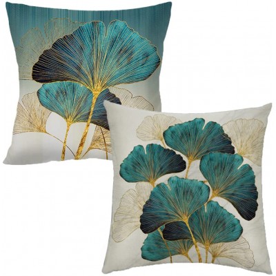 Throw Pillow Cover Plant Leaves 18 x 18 Inch Teal Gold Pillow Cushion Cover Set of 2 Square Hidden Zipper Cushion Case Great for Sofa Bedroom Yard Living Room Decor Teal and Gold 18"x18" - BKKQNTFXJ