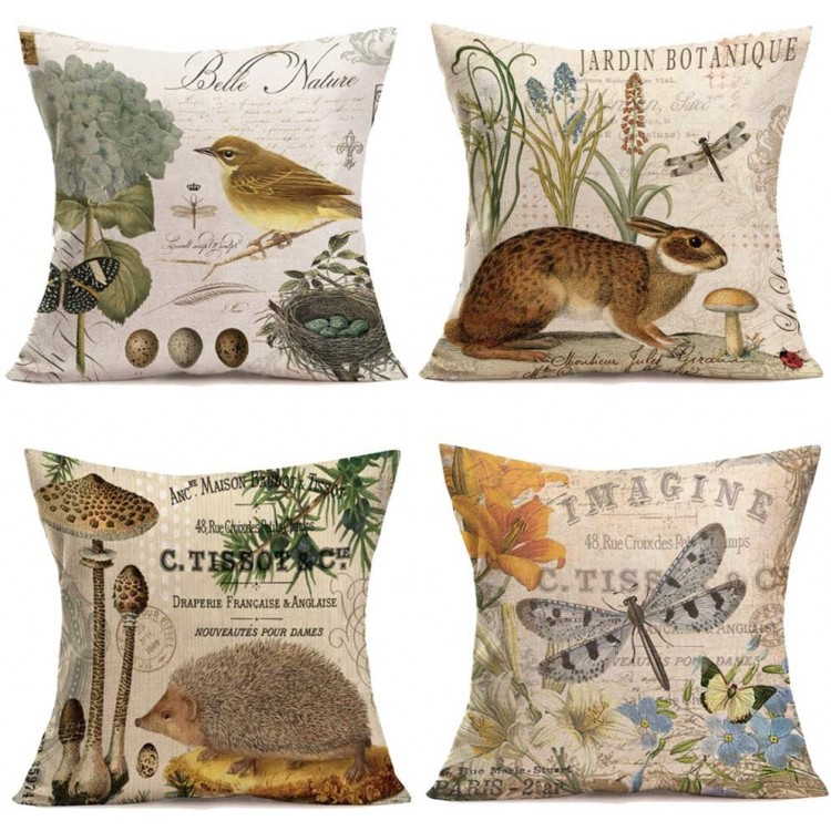 Throw Pillow Covers Adorable Animals Rabbit Hedgehog Bird Butterfly Decorative Pillowcases Set of 4 Cotton Linen Square Throw Pillow Case Home Couch Decor Cushion Cover 18 x 18 Animal Set - BAO1YCKN9