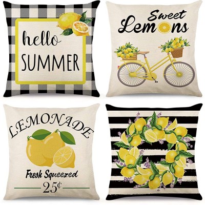 Tosewever Summer Lemon Pillow Covers 18x18 Inches Set of 4 Watercolor Stripes Wreath Buffalo Plaid Bicycle Cushion Case for Farmhouse Decor Room Bedroom Sofa Chair Car 18" x 18" Yellow Lemon - B4GLL9HNQ