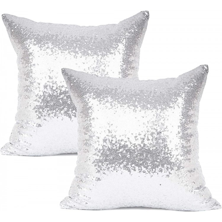 YOUR SMILE Pack of 2 New Luxury Series Silver Decorative Glitzy Sequin & Comfy Satin Solid Throw Pillow Cover Cushion Case for Wedding Christmas,18 x 18 - BA68USOVK