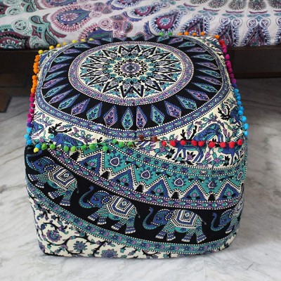 CRAFT KALA Mandala Floor Pillow Cushion Seating Throw Cover Hippie Decorative Bohemian Ottoman Poufs Pom Cases Boho Indian Large Pouf Yoga Decor Case Deer Elephant Square Size: 18 X 18 X 14 inches - BJPZICWQ8