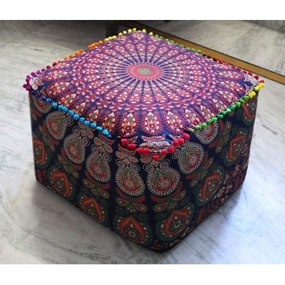 CRAFT KALA Mandala Floor Pillow Cushion Seating Throw Cover Hippie Decorative Bohemian Ottoman Poufs Pom Cases Boho Indian Large Pouf Yoga Decor Case Pink Peacock Square Size: 18 X 18 X 14 inches - BLACR18YD