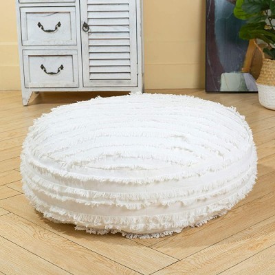 HIGOGOGO Large Boho Stripe Floor Cushion 24" Round Cotton Linen Floor Pillow Seating with Tassel Thickness: 8" Stuffed Pouf with Removable Cover Meditation Cushion for Adults White - BCC83VLGN