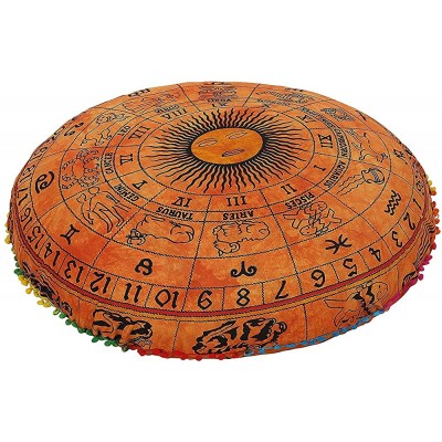 Indian Mandala Cotton Zodiac Orange Pouf Cover Floor Pillow Cushion Seating Throw Decorative with Pom Pom Poufs Pillow Cases Boho Hippie Boho 32" - BNHTDZEQ6