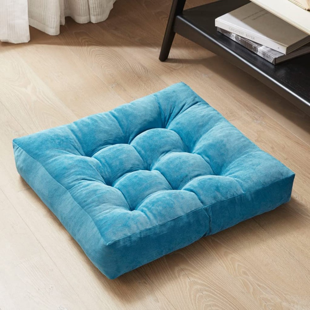 Meditation Floor Pillow Square Large Pillows Seating for Adults Tufted Corduroy Thick Floor Cushion for Balcony Outdoor Tatami Living Room Turquoise 22x22 Inch - BRAU15O0K