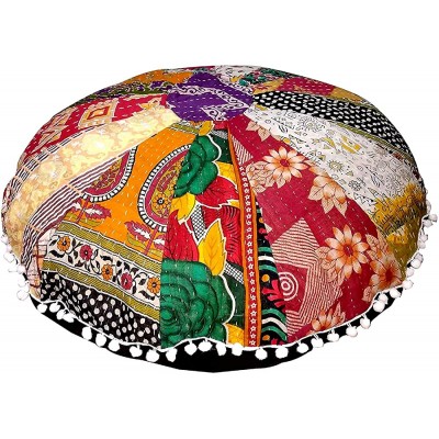 Mycrafts 22" Puff Multi Mandala Floor Pillow Cushion Seating Throw Cover Hippie Decorative Boho Kantha Floor Pouf Cover Vintage Handmade Pouf Cover - BKX5500KT