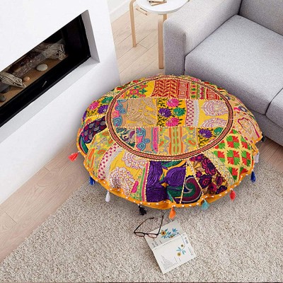 Rajasthani Handmade 32" Round Colorful Decorative Floor Pillow Cover Meditation Patchwork Patchwork Cushion Seating Accent Boho Chic Indian Handmade Cover ONLY32" Yellow - BEPOHT5SJ