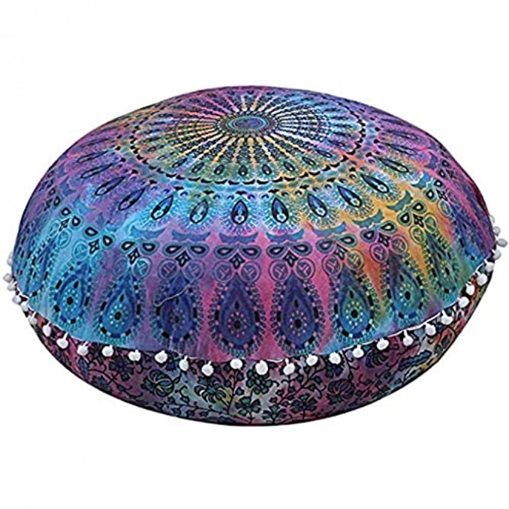 Rajasthaniartdecor Round Pouf Cover Cushion Cover Cotton with Pom Pom Pouf Cover Meditetion Seating for Living Dorm Room Color Size 32 Inches Cover Only Multi 2 - BPFDI3MDG