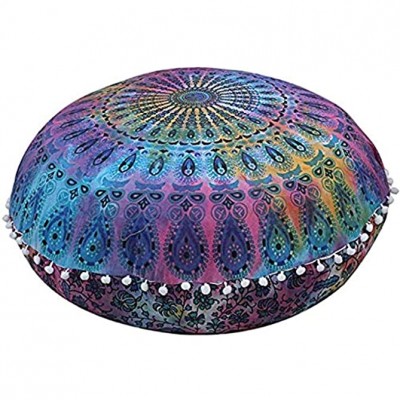 Rajasthaniartdecor Round Pouf Cover Cushion Cover Cotton with Pom Pom Pouf Cover Meditetion Seating for Living Dorm Room Color Size 32" Inches Cover Only Multi 2 - BPFDI3MDG