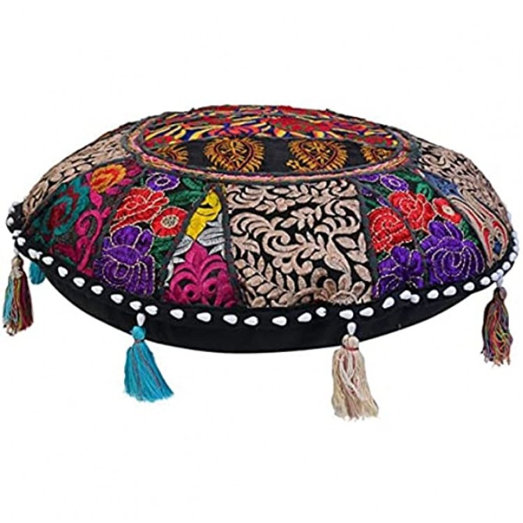 Rajasthaniartdecor Vintage Bohemian Patchwork Cushion Cover Embroidered Decorative Ethnic Foot Stool Round Floor Pillows & Cushion Cover Seating Pouf Ottoman 22x22 Inches Black RACC0085 - BFXFCB028