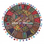 Round Cotton Floor Cushion Cover Vintage Embroidered Patchwork Black 32 Tuffet Indian Floor Pillow Cover - BZ4CHHCMH