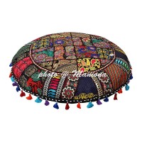 Round Cotton Floor Cushion Cover Vintage Embroidered Patchwork Black 32" Tuffet Indian Floor Pillow Cover - BZ4CHHCMH