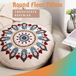 Round Decorative Floor Seating Cushion Boho Meditation Throw Pillow Embroidered Craft Bohemian Pouf Ottoman Indoor Outdoor Cushion Ethnic Pillow for Living Room Bedroom Balcony Car Office - B53DVXF4F