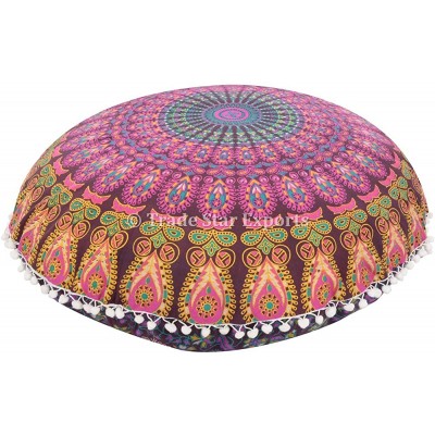 Trade Star Large 32" Round Pillow Cover Decorative Mandala Floor Pillow Indian Bohemian Ottoman Pouf Cover Decorative Pom Pom Pillow Cushion Cover Pattern 8 - B4ZUQMM2T