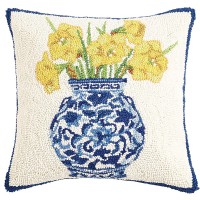 Peking Handicraft 30SER515BC16SQ Chinoiserie Vase Daffodils Hook Pillow 100% Wool and Cotton - B5H20B10A