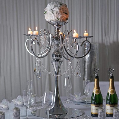 Efavormart 27.5" Tall Silver Metal Candelabra Chandelier Votive Candle Holder Wedding Centerpiece with Acrylic Chains - BP8UNFGGC