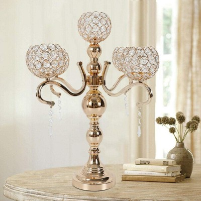 LENJKYYO 5 Arm Candelabra,Home Holiday Decorative Centerpiece Gold Crystal Candle Holders for Dinner Party - BIS3J5HCB