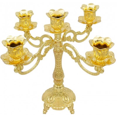 MMEXPER 5-Candle Metal Candelabra Centerpiece Candle Stand Home Decoration for Event Wedding Party Tulip Pattern-Gold - BV97WFS6R