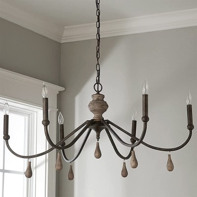 CEOLIGHT Wood Candle Chandeliers,Black French Country Chandelier,Wrought Iron Hanging Lighting,for Foyer Island Kitchen Living Room,Entryway - BQK918D65