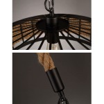 KAIKEA Vintage Iron Cage Rope Hanging Light,Round Industrial Retro Loft Iron Chandelier Adjustable Height Hemp Rope Iron Pendant Light E27 Antique Hemp Rope Pendant Lamp - B52HMW494