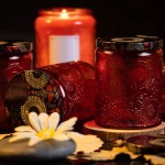 Ruby Red Embossed Glass Candle Container with Lid and Labels 8 oz Pack of 9 - BY1E76947