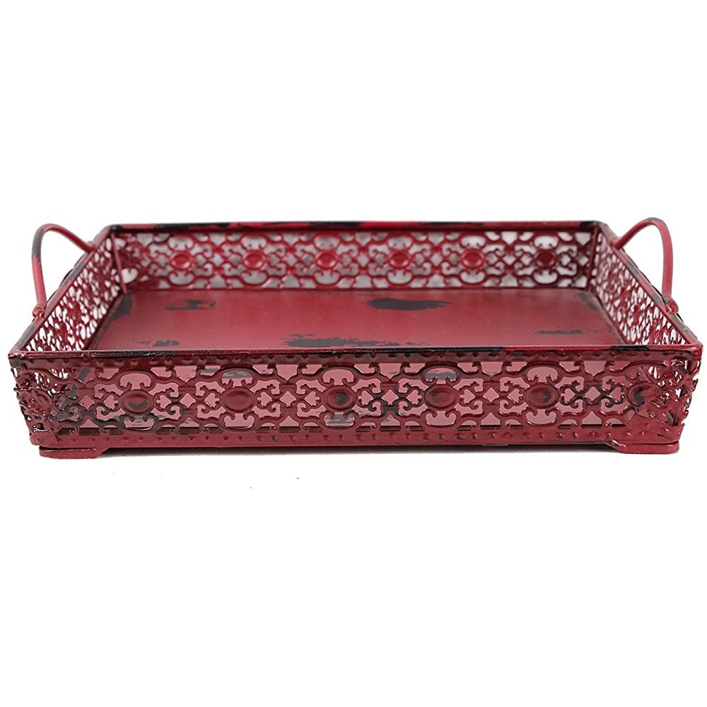 Antique Finished Metal Wood Artisanal Square Tray Decorative Serving Tray with 2 Handles Wedding Gift Decor Red - BN7EHDCC3