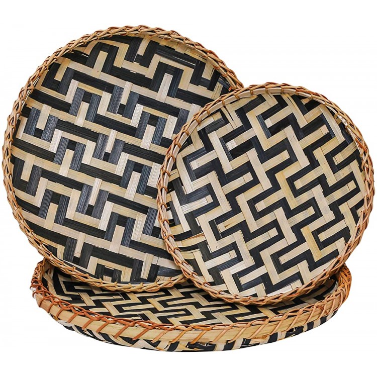 Bamboo Woven Wall Baskets Decor Boho Flat Set 3 Shallow Basket for Organizing Kitchen Wicker Tray for Coffee Table Trays Decorative Plates for Wall Hanging Farmhouse Wicker Serving Tray - BCGB67UXB