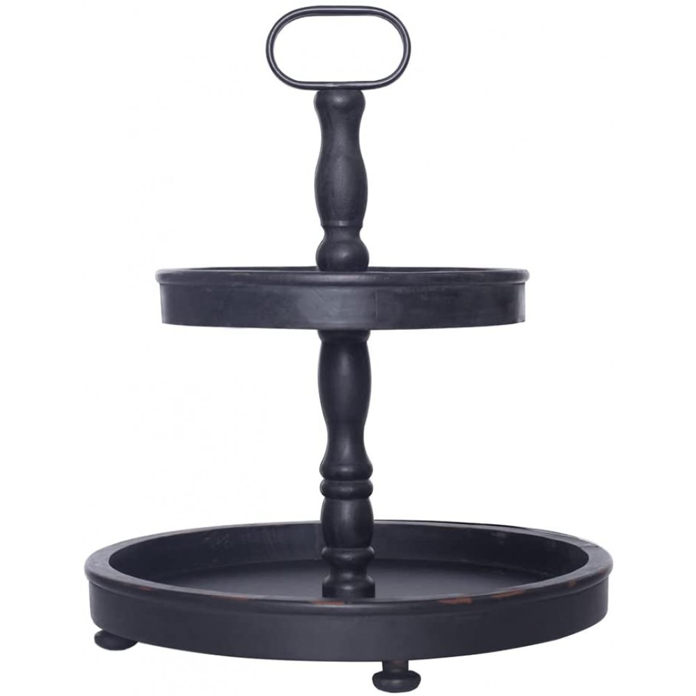 Black Tiered Tray Decor Distressed Wood 2 Tier Tray with Metal Handle Farmhouse Tiered Tray Stand Wooden 2 Tiered Tray for Coffee Bar Decor Kitchen Counter - B53918YO8