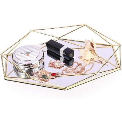 Decorative Prisma Tray Mirror Gold Metal Vintage Jewelry Vanity Perfume Cosmetic Makeup Organizer Ornate Trinket Table Tray Desk Tabletop Decor Gift for Women Girls Birthday Christmas - B1JKDEORE