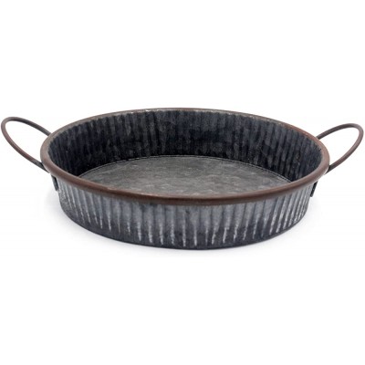 Eaoundm Round Sturdy Galvanized Decorative Tray with Wavy Edge and Handle 10.2 inchs - B88D4GDYP