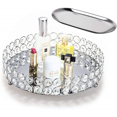 Feyarl Mirrored Crystal Vanity Makeup Round Tray Ornate Jewelry Trinket Tray Organizer Cosmetic Perfume Bottle Tray Decorative Tray Home Deco Dresser Skin Care Tray Strage Round 10" inch Silver - BY0AX46JB