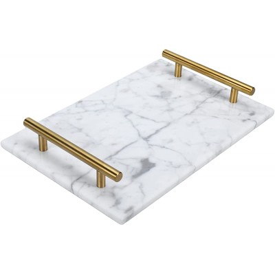 Homtone Marble Stone Decorative Tray Perfume Tray with Copper-Color Metal Handles Handmade Catchall Tray for Counter Vanity Dresser Nightstand and Desk White - BF59F9OW5