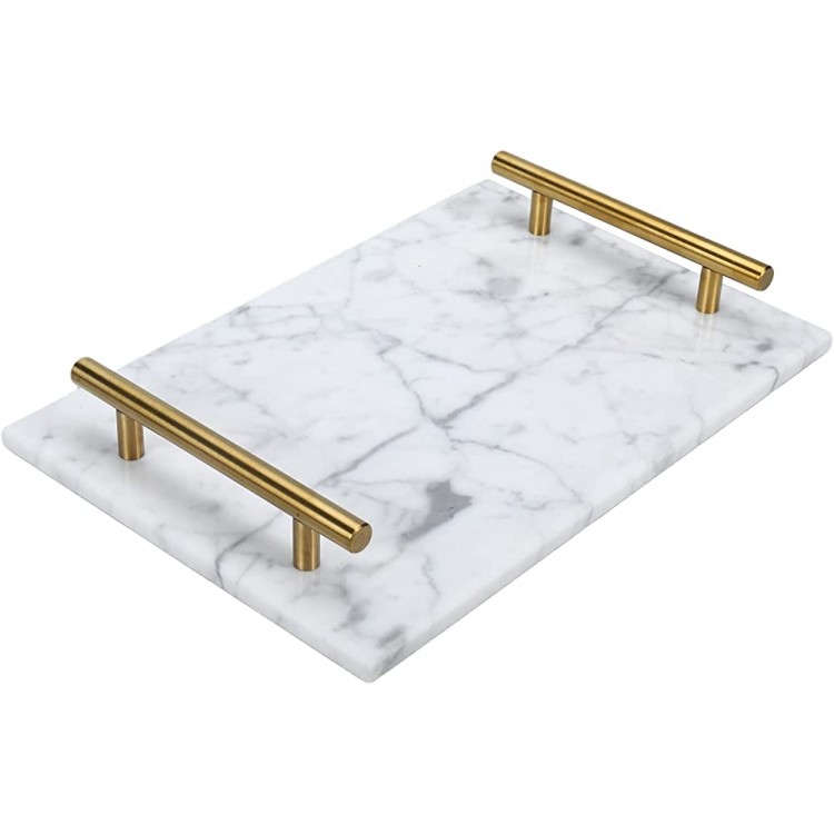 Homtone Marble Stone Decorative Tray Perfume Tray with Copper-Color Metal Handles Handmade Catchall Tray for Counter Vanity Dresser Nightstand and Desk White - BF59F9OW5