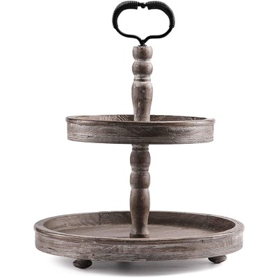 HYGGEISM Two Tier Tray Distressed Wood 2 Tiered Serving Tray Farmhouse 15" Decorative Wooden Rustic Cake Stand for Kitchen Counter Table Halloween Decor Heart-Shaped Handle - BXTNIFW8J