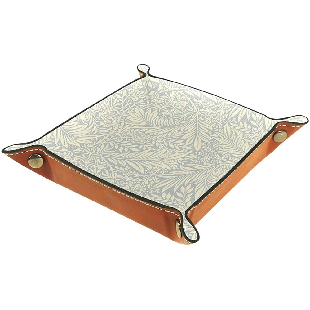 Leather Valet Tray Dice Tray Folding Square Holder Dresser Organizer Plate for Change Coin Key William Morris Vintage Gray Light Yellow Flower Leaf - BBGUFCF5W