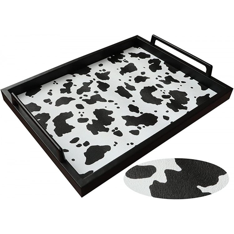 MCBZ Living Room Coffee Table Tray Decorative Tray PU Faux Leather Fragrance Tray Valet Service Tray Desk or Dresser Tray Metal Handle Black Cow Pattern - BHFTNH9HX