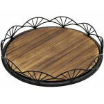 MyGift Dark Brown Wood Serving Tray Wooden 12-Inch Round Decorative Display Vanity Tray with Elegant Black Metal Fan-Design Rim - BW8KR8X9E