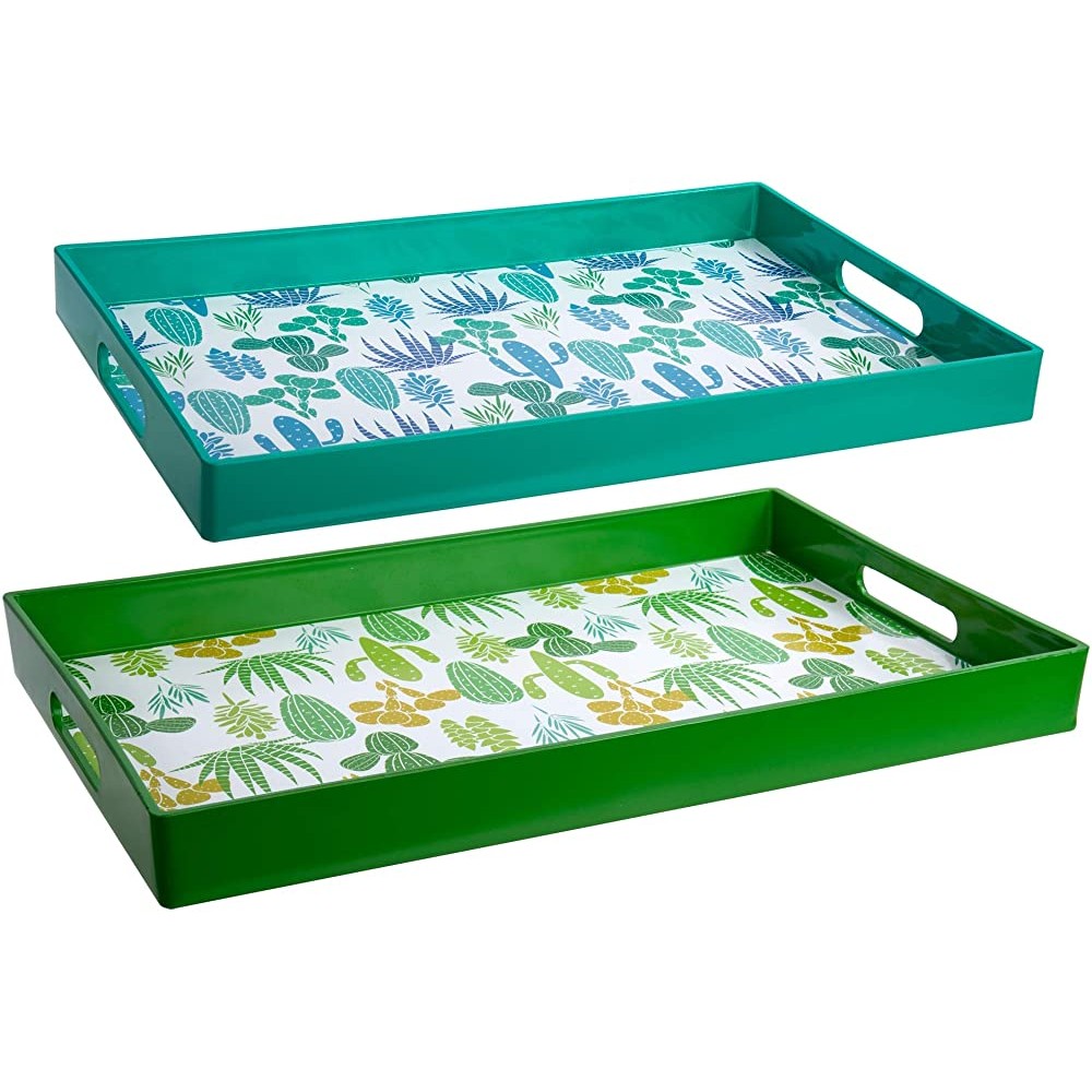 Truu Design Green Decorative Cactus Tray Set Set of 2 16 x 10 inches - BTPUO5VQ6