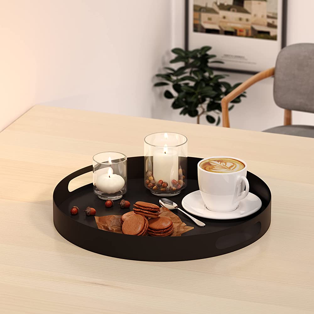 YOAYO Modern Round Decorative Iron Tray Black 13 Coffee Table Serving Tray with Handles,Decorative Tray for Perfume,Vanity Counter Bathroom Tray - BW6I3AGZV