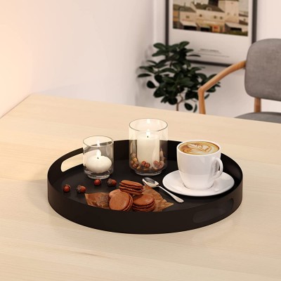 YOAYO Modern Round Decorative Iron Tray Black 13" Coffee Table Serving Tray with Handles,Decorative Tray for Perfume,Vanity Counter Bathroom Tray - BW6I3AGZV