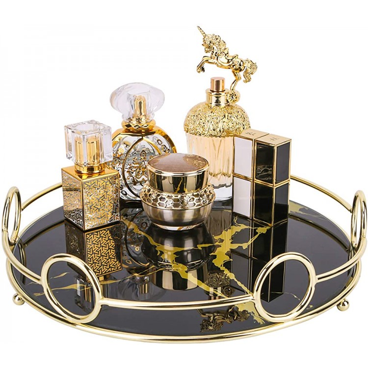 Zosenley Makeup Organizer Tray Decorative Glass Vanity Tray for Perfume Jewelry and Decor Round Cosmetic Storage for Dresser Bathroom Counter Ottoman and Coffee Table Size 11.4”D x 2.4”H - B0FCKW8BQ