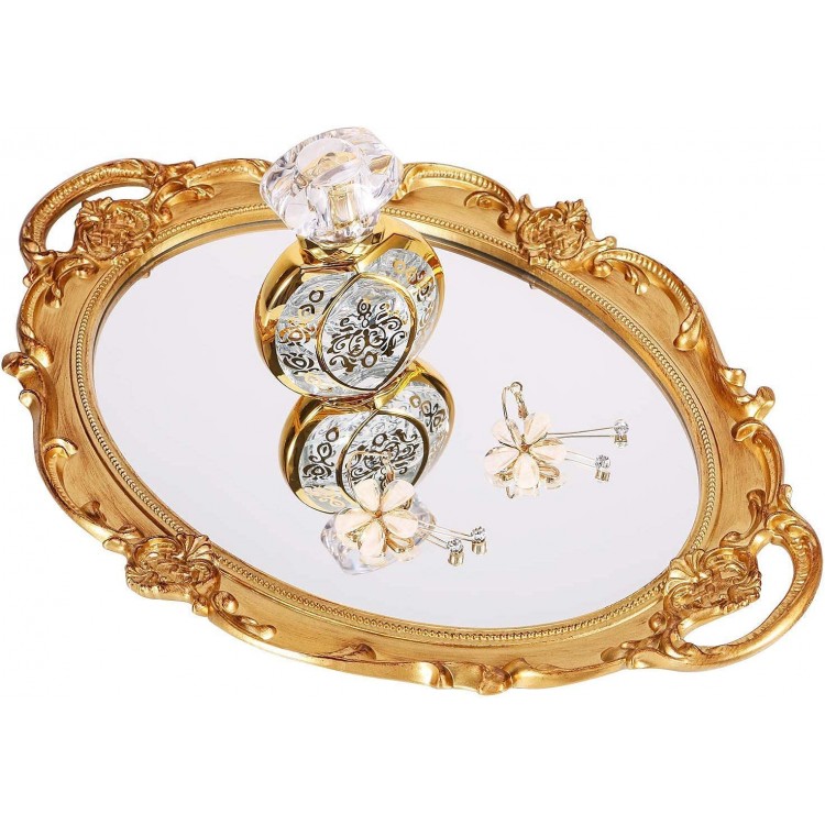 Zosenley Polyresin Ellipse Antique Decorative Mirror Tray Makeup Organizer Jewelry Organizer Serving Tray 9.8”x 14.6” Gold - BP8L9VBPK